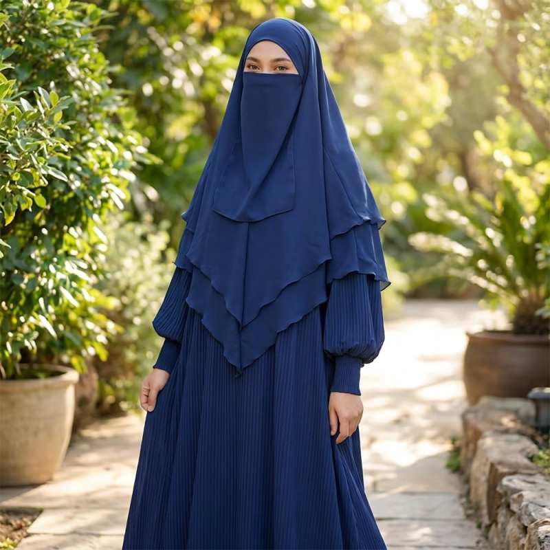 Royal Navy Layered Hijab & Pleated Abaya Set
